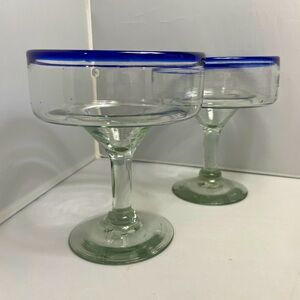 Pair Large Margarita Hand Blown Glasses w/ Cobalt Blue Rims‎